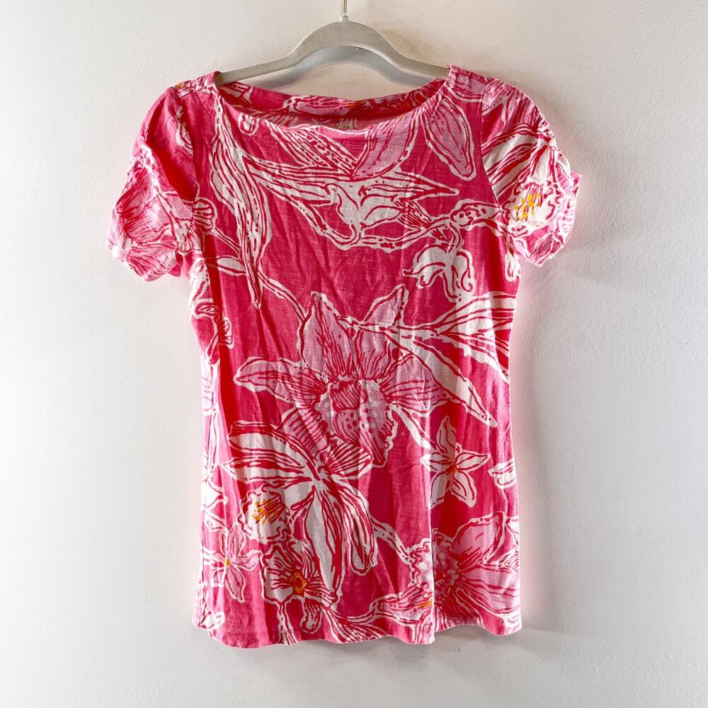 Lilly Pulitzer Lana Boat Neck Short Sleeve Cotton T-Shirt Top Pink Large